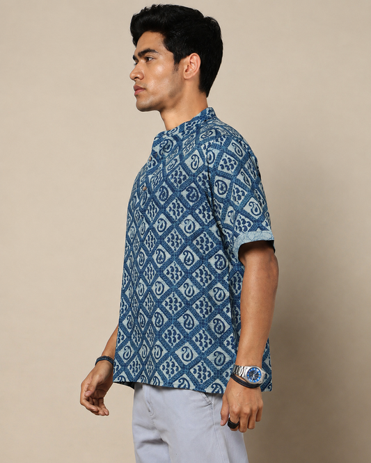Men's Dabu Printed Indigo Dyed Short Kurta