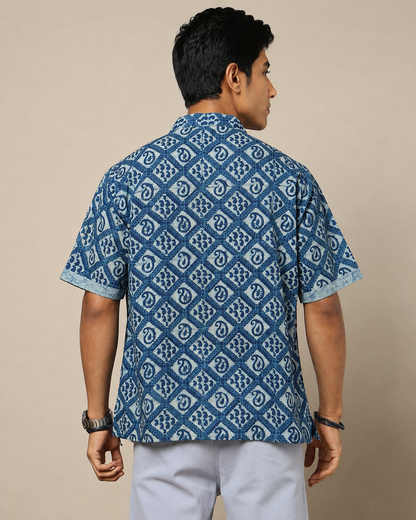 Men's Dabu Printed Indigo Dyed Short Kurta