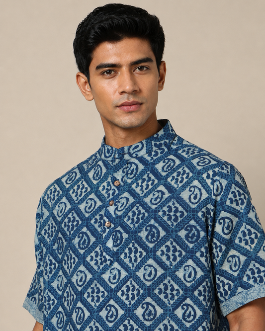 Men's Dabu Printed Indigo Dyed Short Kurta