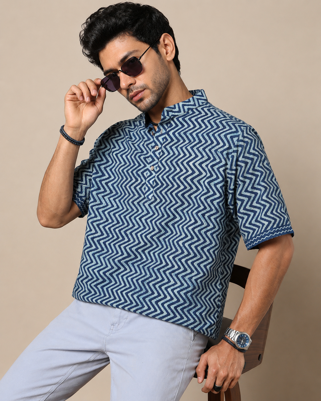 Men's Dabu Printed Indigo Dyed Short Kurta
