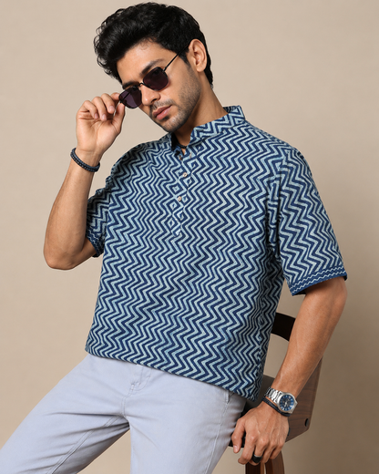 Men's Dabu Printed Indigo Dyed Short Kurta