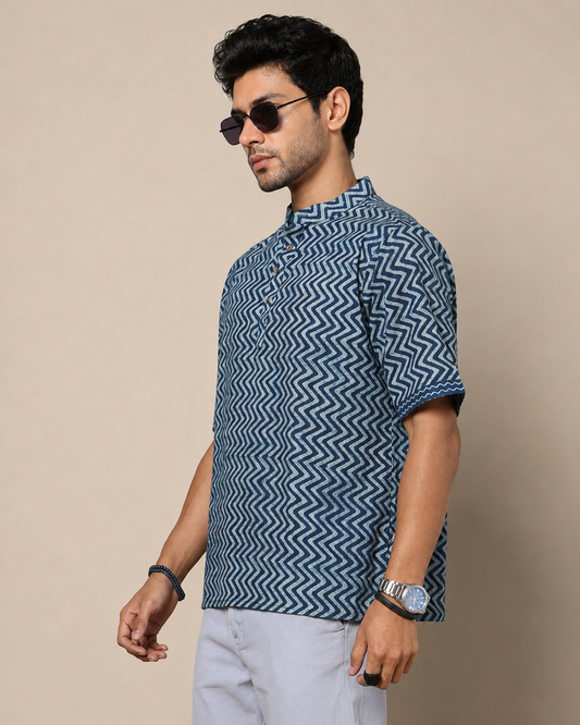 Men's Dabu Printed Indigo Dyed Short Kurta