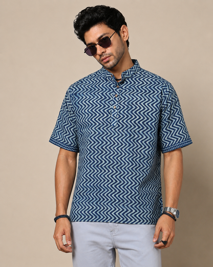 Men's Dabu Printed Indigo Dyed Short Kurta