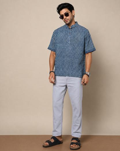 Men's Dabu Printed Indigo Dyed Short Kurta