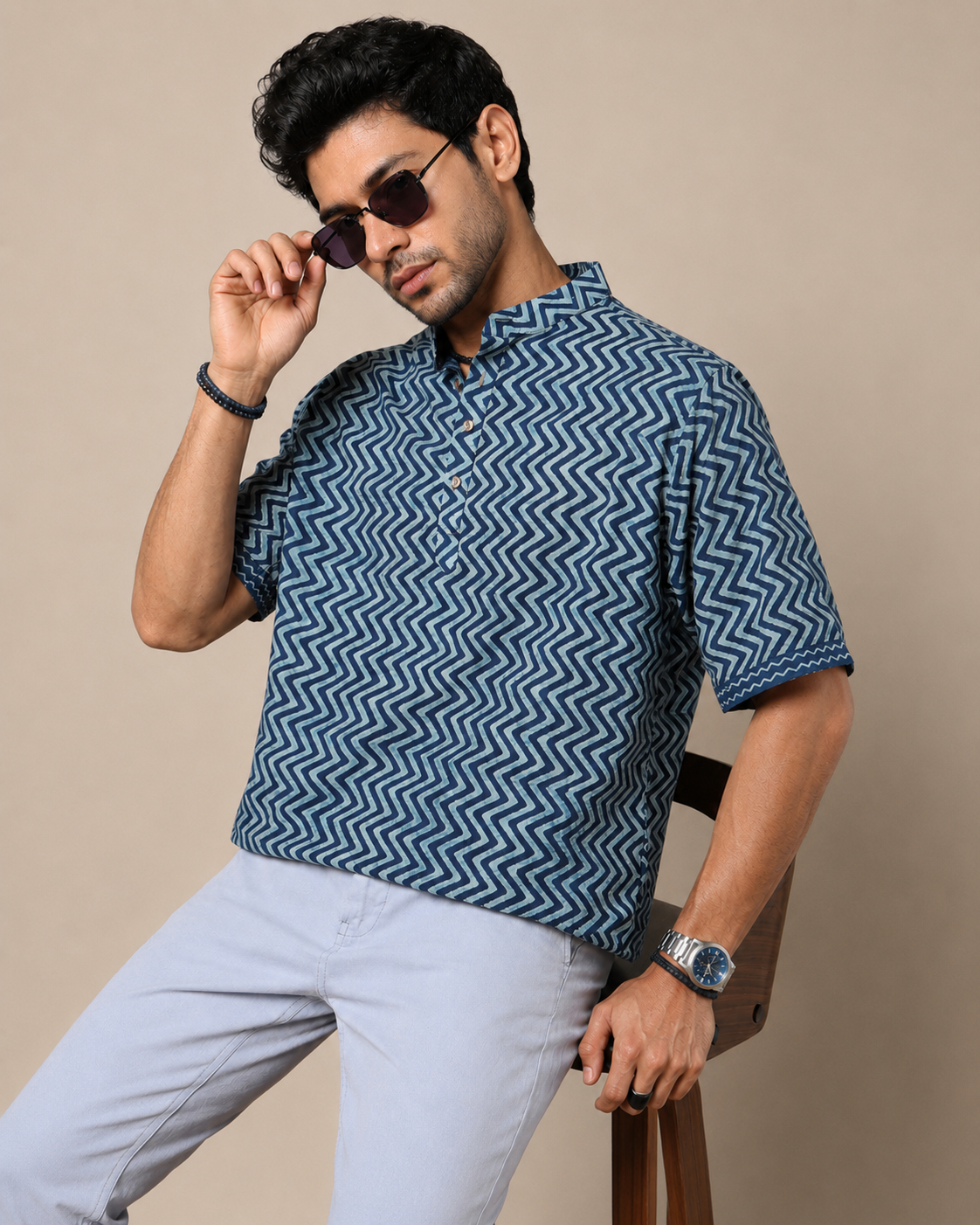 Men's Dabu Printed Indigo Dyed Short Kurta