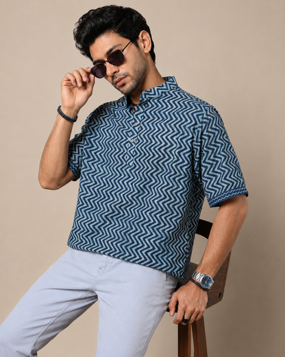 Men's Dabu Printed Indigo Dyed Short Kurta