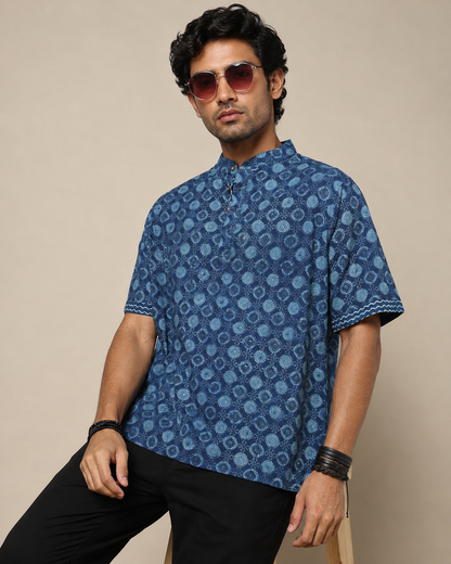 Men's Dabu Printed Indigo Dyed Short Kurta