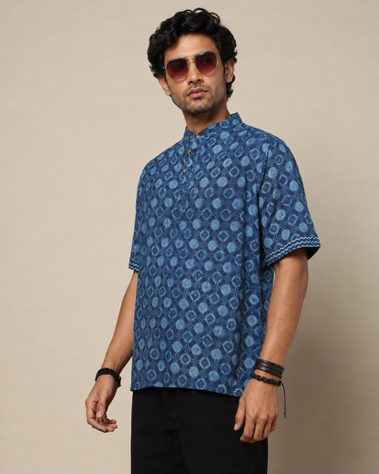 Men's Dabu Printed Indigo Dyed Short Kurta