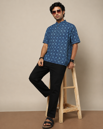 Men's Dabu Printed Indigo Dyed Short Kurta