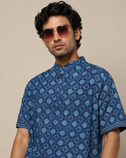 Men's Dabu Printed Indigo Dyed Short Kurta