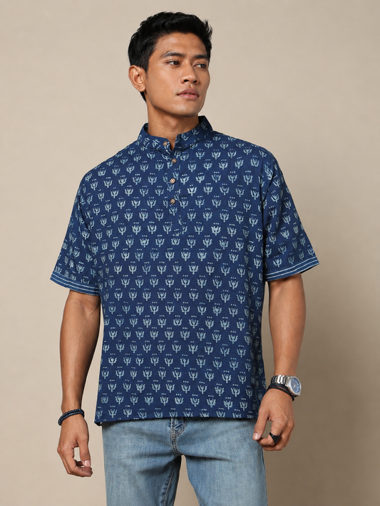 Men's Dabu Printed Indigo Dyed Short Kurta