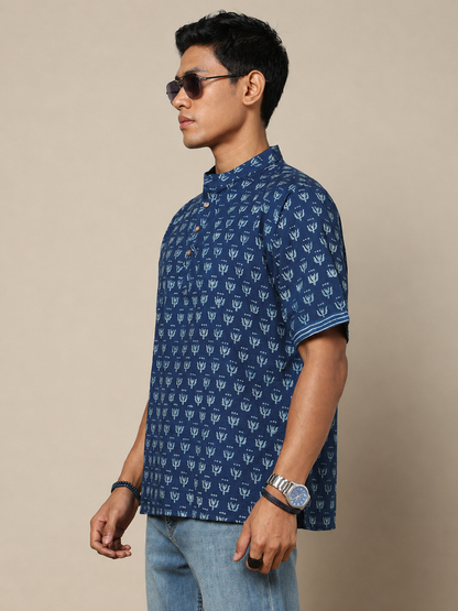 Men's Dabu Printed Indigo Dyed Short Kurta