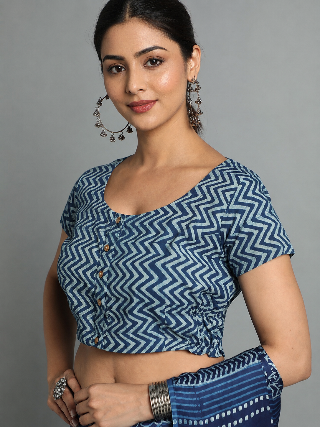 Indigo Dyed Dabu Printed Short Sleeve Blouse