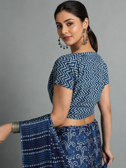Indigo Dyed Dabu Printed Short Sleeve Blouse