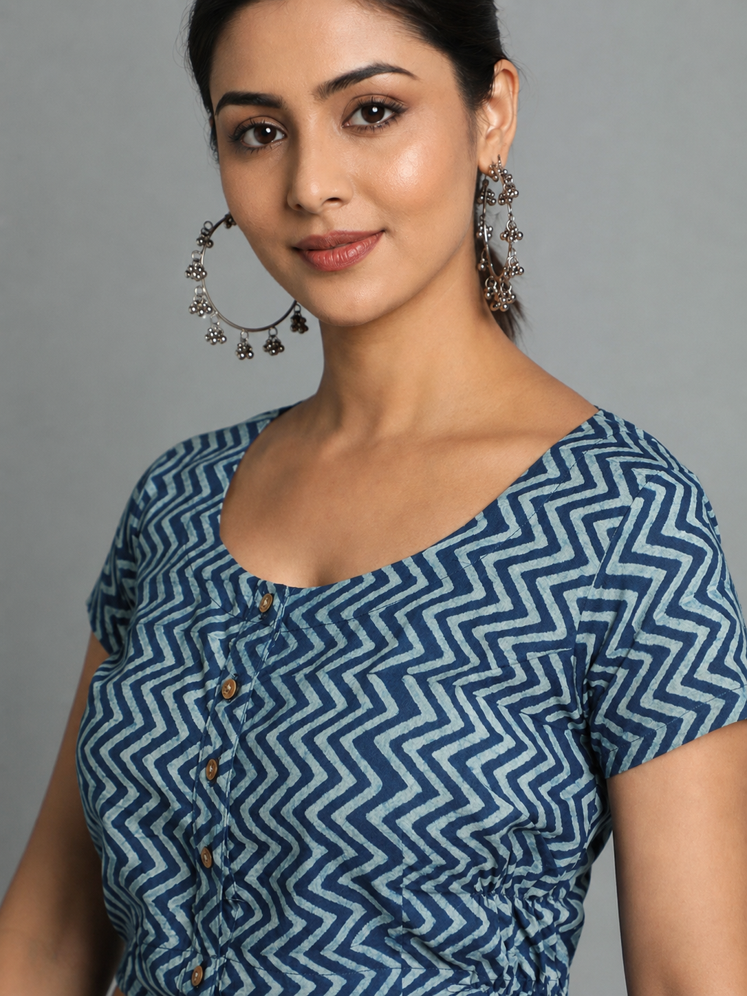 Indigo Dyed Dabu Printed Short Sleeve Blouse
