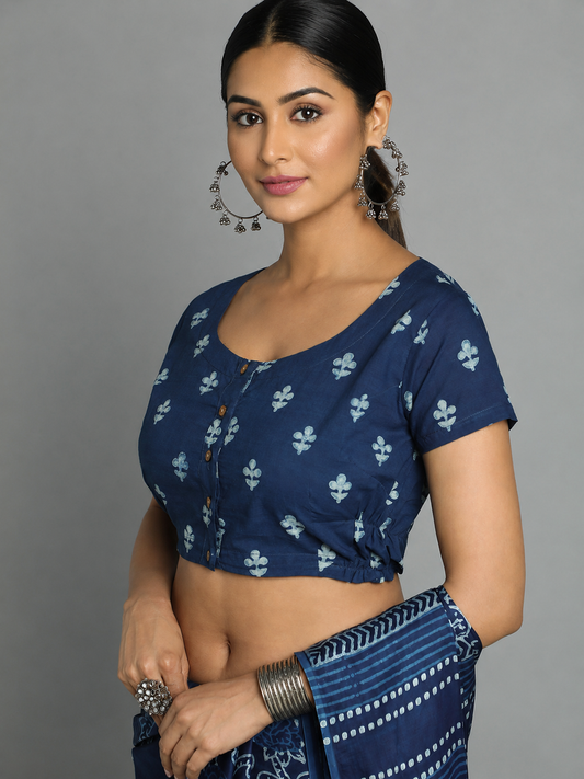 Indigo Dyed Dabu Printed Short Sleeve Blouse