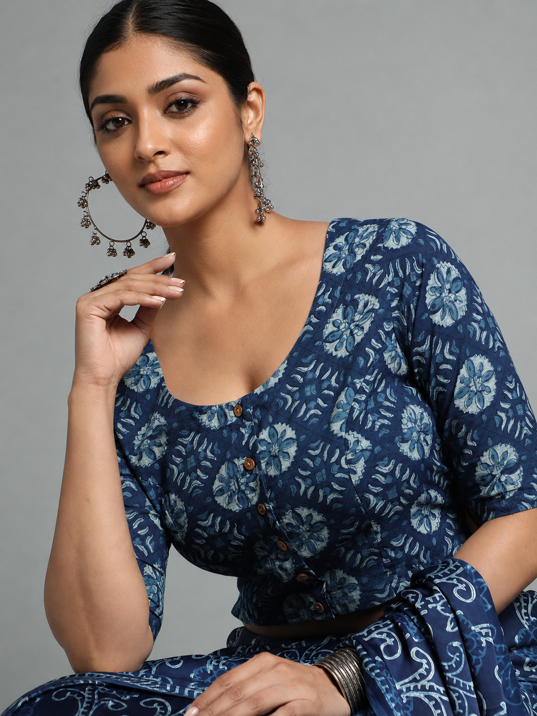 Indigo Dyed Dabu Printed Short Sleeve Blouse