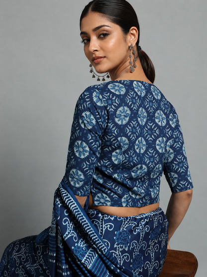 Indigo Dyed Dabu Printed Short Sleeve Blouse