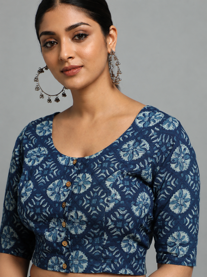 Indigo Dyed Dabu Printed Short Sleeve Blouse