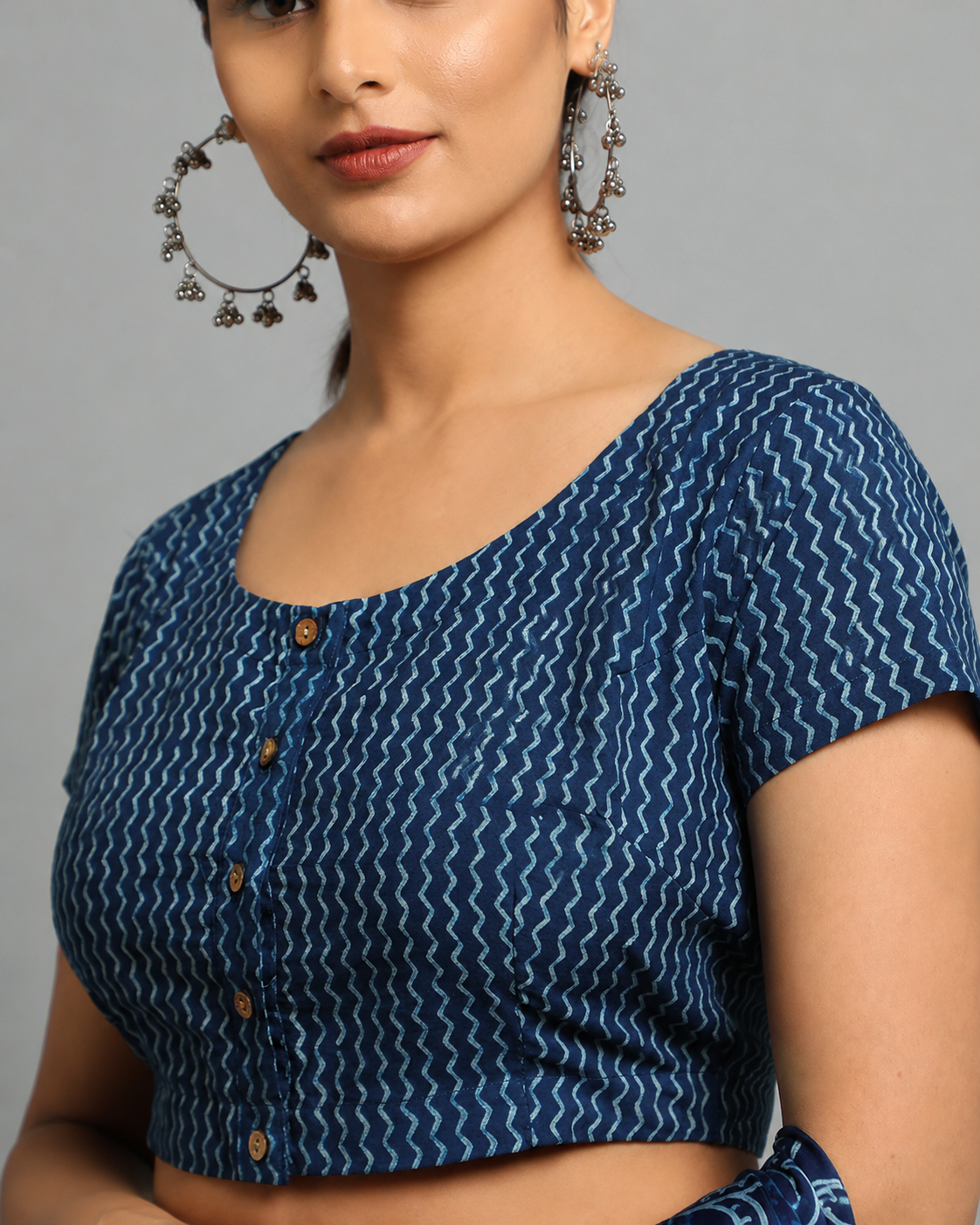 Indigo Dyed Dabu Printed Short Sleeve Blouse
