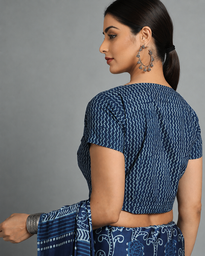 Indigo Dyed Dabu Printed Short Sleeve Blouse