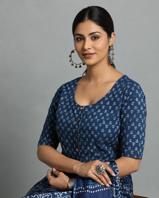 Indigo Dyed Dabu Printed Short Sleeve Blouse