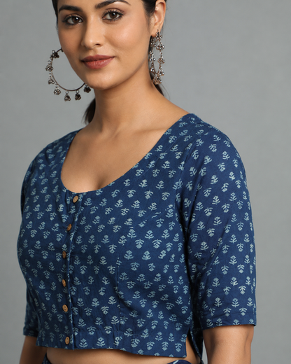 Indigo Dyed Dabu Printed Short Sleeve Blouse