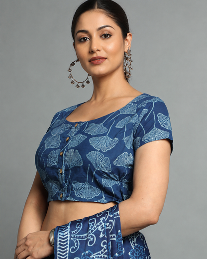 Indigo Dyed Dabu Printed Short Sleeve Blouse