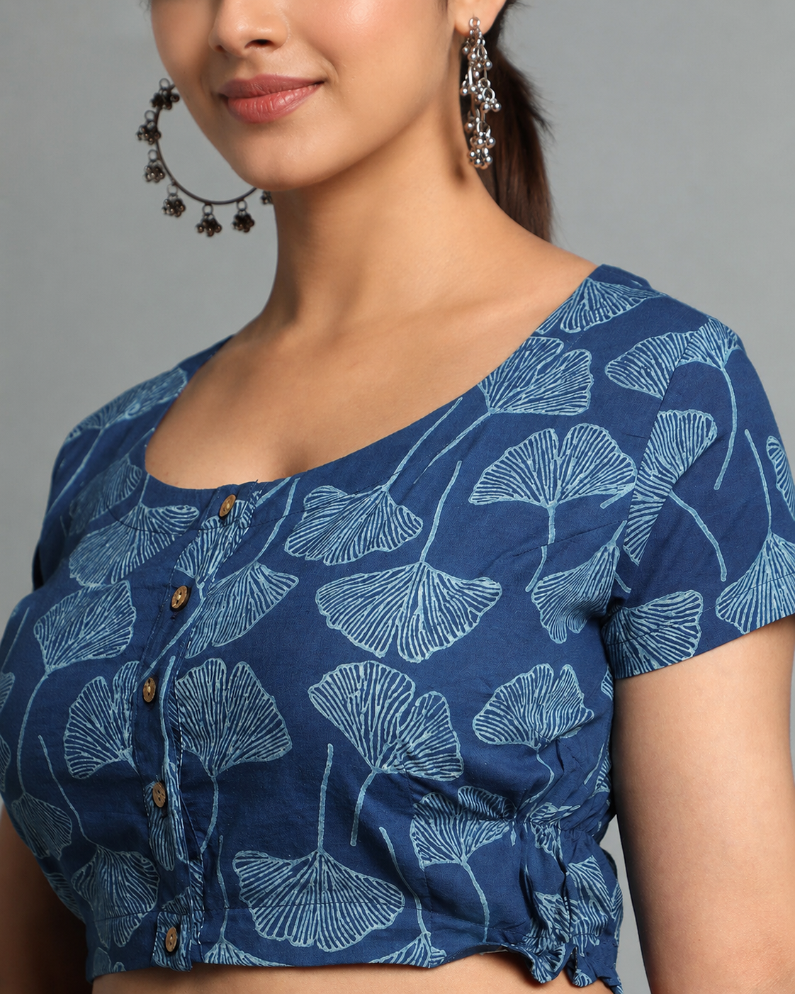 Indigo Dyed Dabu Printed Short Sleeve Blouse