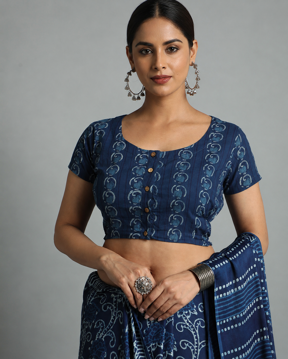 Indigo Dyed Dabu Printed Short Sleeve Blouse