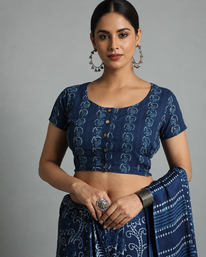 Indigo Dyed Dabu Printed Short Sleeve Blouse