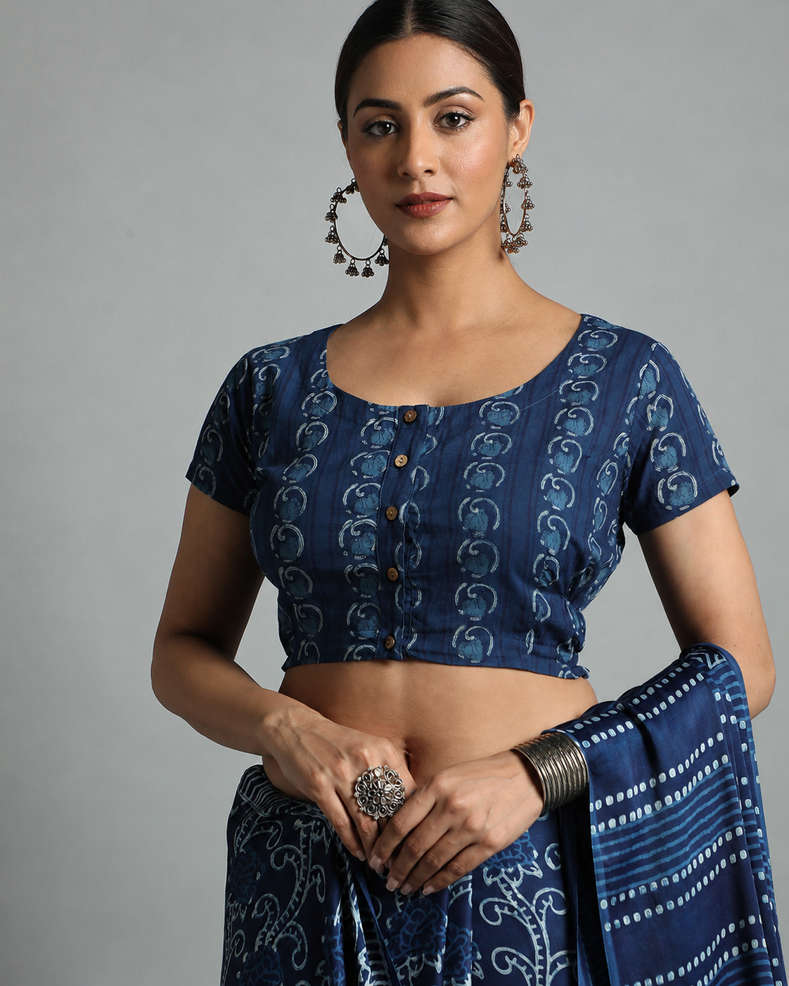 Indigo Dyed Dabu Printed Short Sleeve Blouse