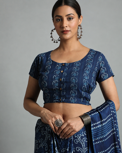 Indigo Dyed Dabu Printed Short Sleeve Blouse