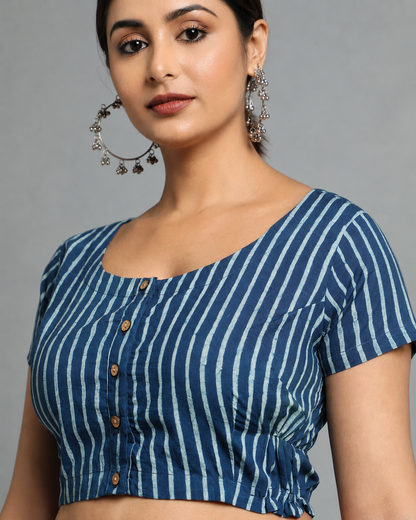 Indigo Dyed Dabu Printed Short Sleeve Blouse