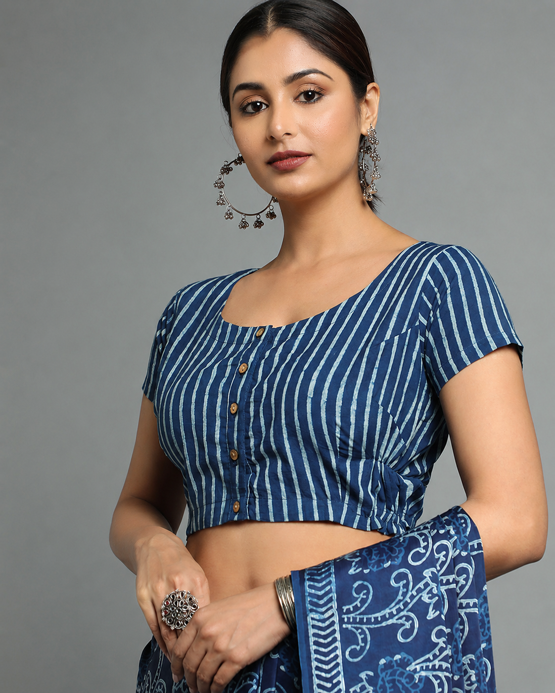 Indigo Dyed Dabu Printed Short Sleeve Blouse