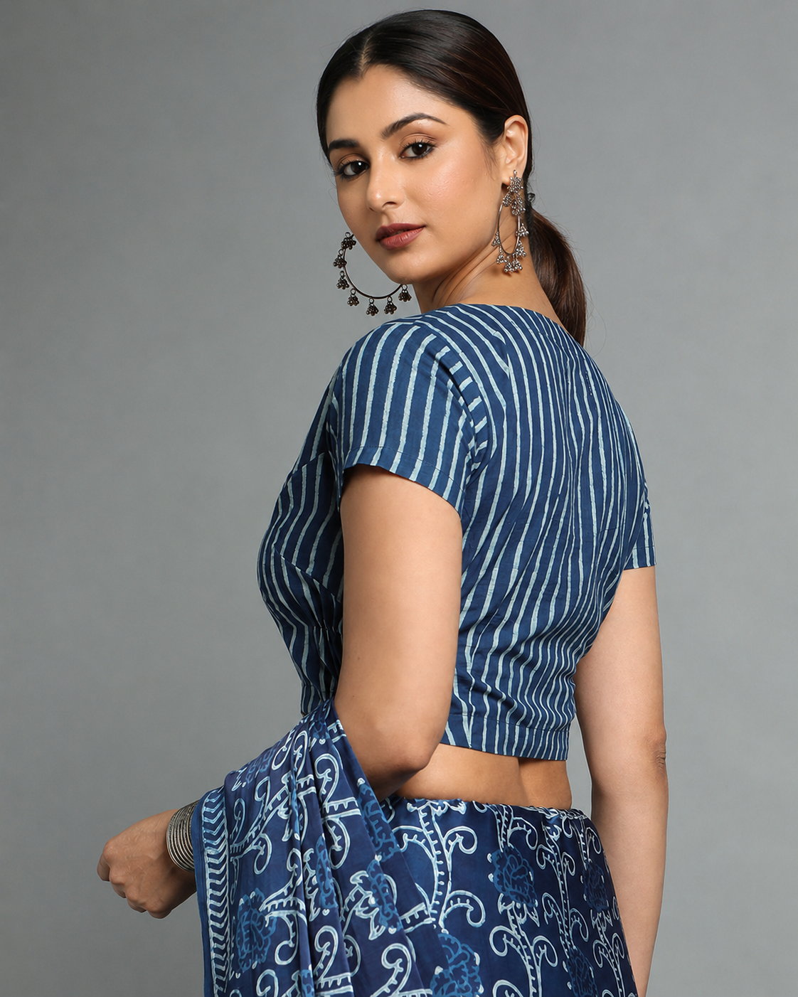 Indigo Dyed Dabu Printed Short Sleeve Blouse