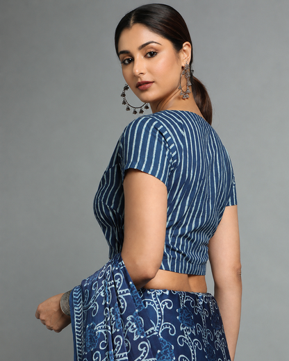 Indigo Dyed Dabu Printed Short Sleeve Blouse