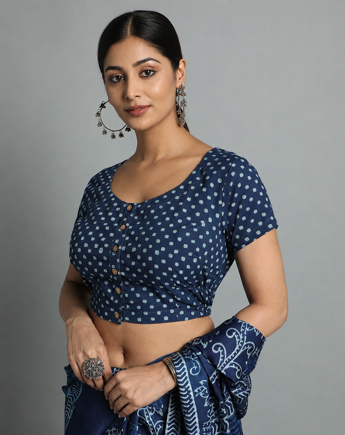 Indigo Dyed Dabu Printed Short Sleeve Blouse