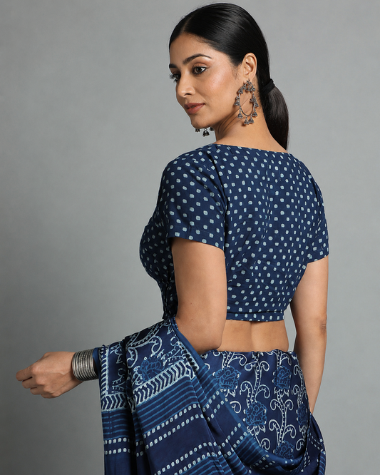 Indigo Dyed Dabu Printed Short Sleeve Blouse