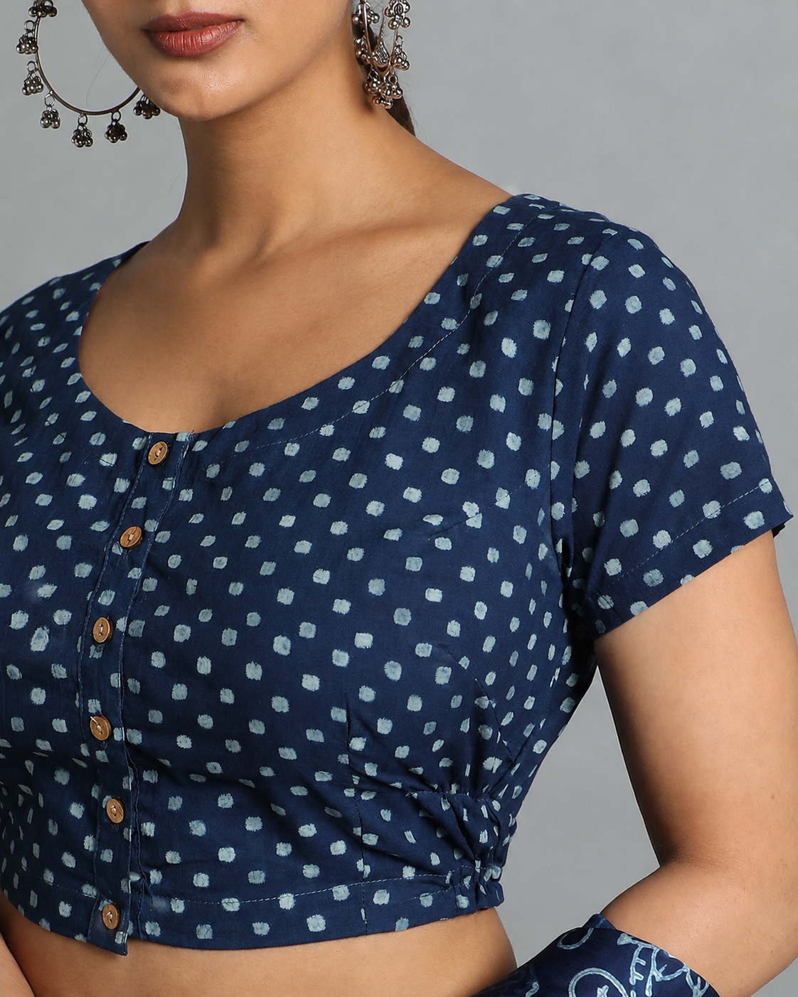Indigo Dyed Dabu Printed Short Sleeve Blouse