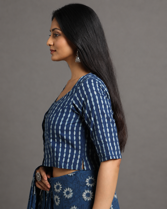 Indigo Dyed Dabu Printed Full Sleeve Blouse