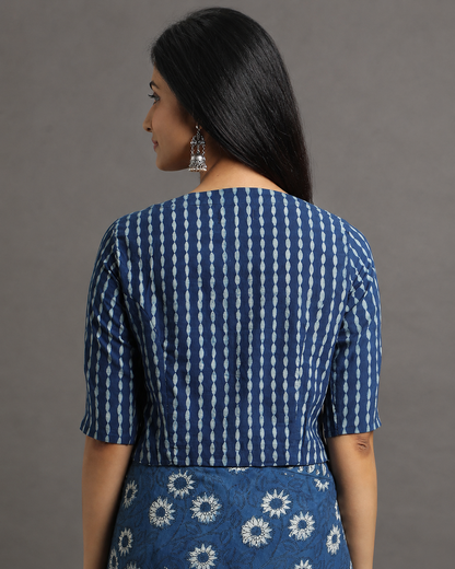 Indigo Dyed Dabu Printed Full Sleeve Blouse