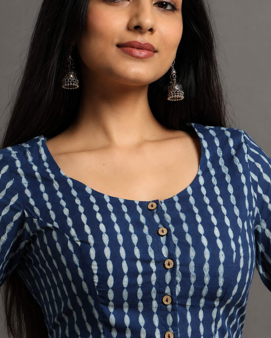 Indigo Dyed Dabu Printed Full Sleeve Blouse