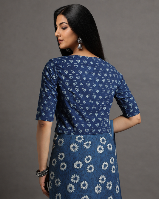 Indigo Dyed Dabu Printed Full Sleeve Blouse