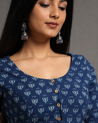 Indigo Dyed Dabu Printed Full Sleeve Blouse