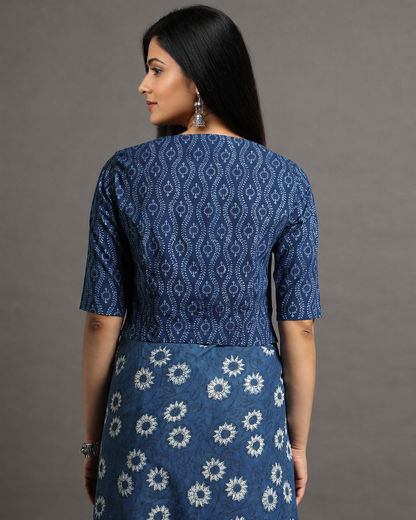 Indigo Dyed Dabu Printed Full Sleeve Blouse