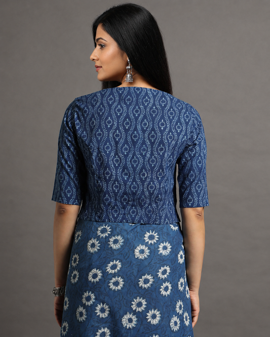 Indigo Dyed Dabu Printed Full Sleeve Blouse
