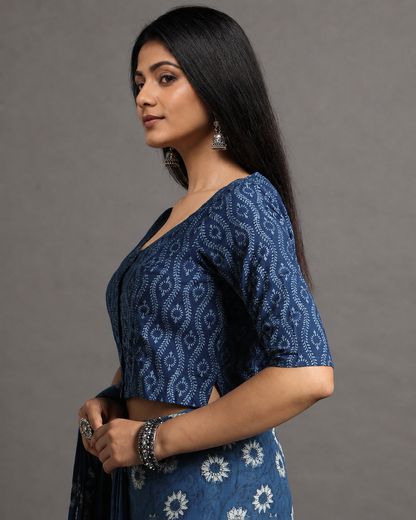 Indigo Dyed Dabu Printed Full Sleeve Blouse