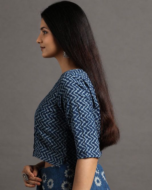 Indigo Dyed Dabu Printed Full Sleeve Blouse