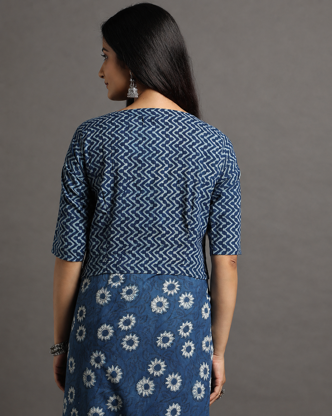 Indigo Dyed Dabu Printed Full Sleeve Blouse
